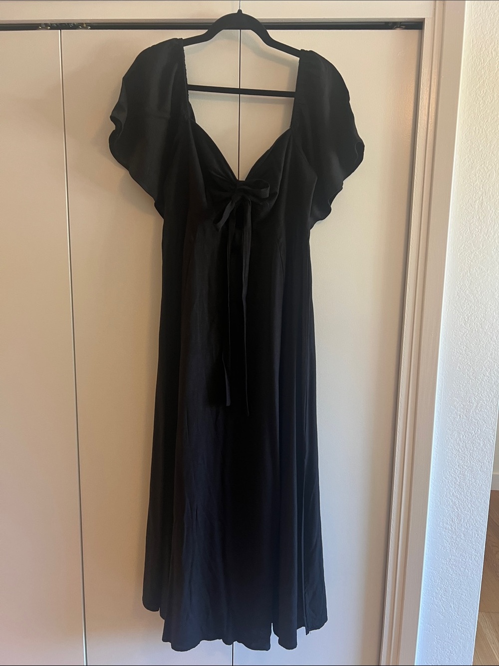 Petal & Pup Black Midi Dress with Tie and Keyhole Front and Flutter Sleeves